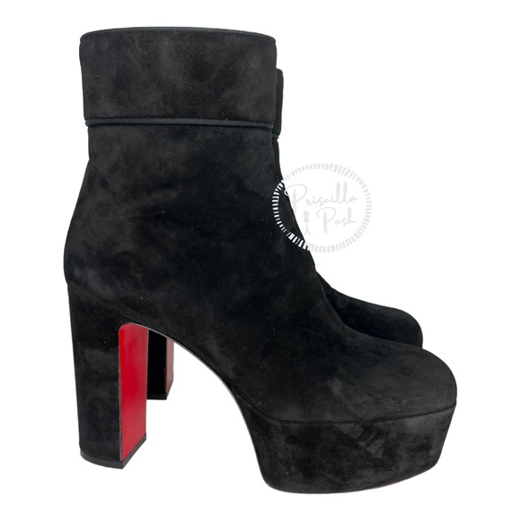 Christian Louboutin black suede platform ankle boot block heel square toe retro - Picture 13 of 16